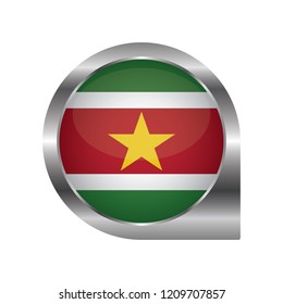 Flag of Suriname, location map pin, pointer flag, button with the reflection of light and shadow, silver frame, Icon country. Realistic vector illustration on white background.