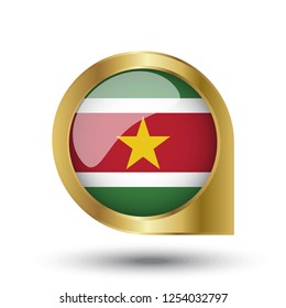 Flag of Suriname, location map pin, pointer flag, button with the reflection of light and shadow, gold frame, Icon country. Realistic vector illustration on white background.