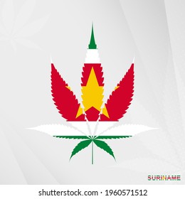 Flag of Suriname in Marijuana leaf shape. The concept of legalization Cannabis in Suriname. Medical cannabis illustration.