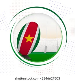 Flag of Suriname on rugby ball. Round rugby icon with flag of Suriname. Vector illustration.