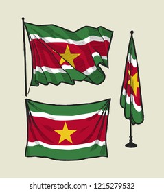 Flag of Suriname on the wind and on the wall illustration set