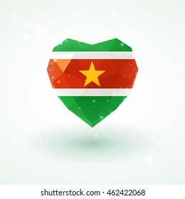 Flag of Suriname in shape of diamond glass heart in triangulation style for info graphics, greeting card, celebration of Independence Day, printed materials 