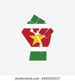 Flag of Suriname in the shape of raised hand sign isolated on background. Fist symbol modern, simple, vector, icon for website design, mobile app, ui. Vector Illustration