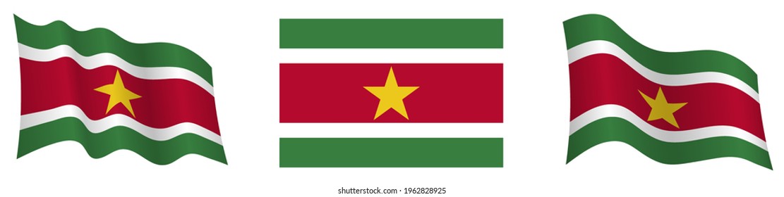 flag of Suriname in static position and in motion, fluttering in wind in exact colors and sizes, on white background