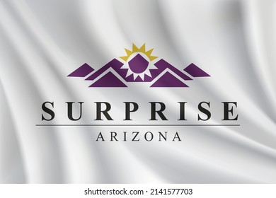 Bandera de Surprise, Arizona, Estados Unidos. Bandera ondulante realista del fondo del vector sorpresa.