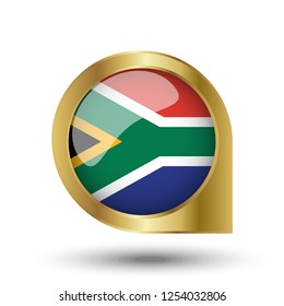 Flag of Suuth Africa, location map pin, pointer flag, button with the reflection of light and shadow, gold frame, Icon country. Realistic vector illustration on white background.