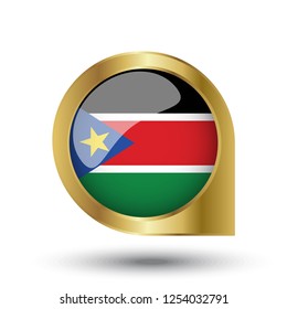 Flag of Suuth Sudan, location map pin, pointer flag, button with the reflection of light and shadow, gold frame, Icon country. Realistic vector illustration on white background.