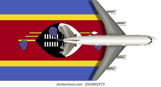 Flag of SWAZILAND with an airplane flying over it close up. Vector image.