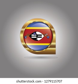 Flag of Swaziland, button with the reflection of light and shadow, gold frame, Icon country. Realistic vector illustration on gray background.