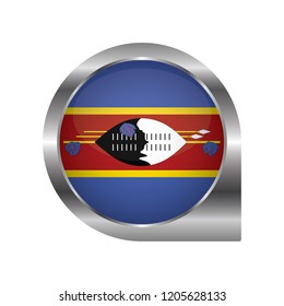 Flag of Swaziland, location map pin, pointer flag, button with the reflection of light and shadow, silver frame, Icon country. Realistic vector illustration on white background.