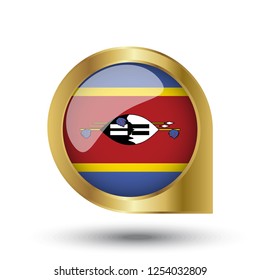 Flag of Swaziland, location map pin, pointer flag, button with the reflection of light and shadow, gold frame, Icon country. Realistic vector illustration on white background.