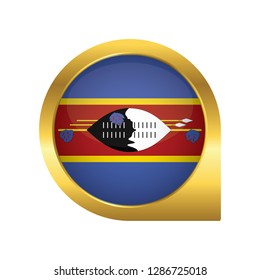 Flag of Swaziland, location map pin, pointer flag, button with the reflection of light and shadow, gold frame, Icon country. Realistic vector illustration on white background.