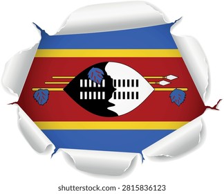 Flag of Swaziland. Flag Revealed Through Torn Paper Hole with Realistic Curled Edges over a transparent background. The ripped edges curl outward with realistic shadows and depth, creating a striking reveal effect