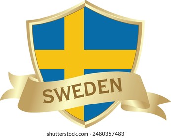 Flag of sweden as around the metal gold shield with sweden flag