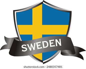 Flag of sweden as around the metal silver shield with sweden flag