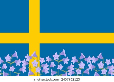 Flag of Sweden background decoration with flowers Campanula rotundifolia or harebell ( Liten blåklocka, blåklocka) background border frame for Sweden National festival vector illustration.  
