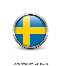 Flag of Sweden, button with metal frame and shadow