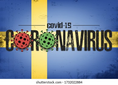 Flag of Sweden with coronavirus covid-19. Virus cells coronavirus bacteriums against background of the flag of Sweden. Coronavirus outbreak in Sweden. Mode quarantine. Vector illustration