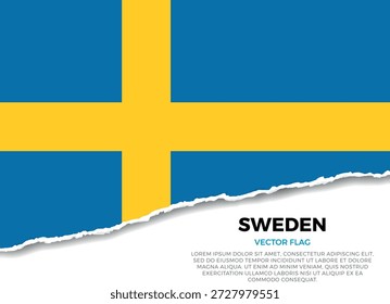 Bandera de Suecia. Creativo efecto de borde de papel rasgado sobre fondo transparente con irregularidades irregulares. Una apariencia tridimensional con sombras realistas, como si hubiera sido rasgada para revelar una superficie blanca debajo