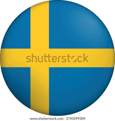 Flag of Sweden. Glossy circular flag. Button appearance. 3D Icon Design with depth. Professional, tactile look. Perfect for representing national identity in digital interfaces and perfect for websites