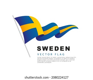 The flag of Sweden hangs from a flagpole and flutters in the wind. Vector illustration isolated on white background. Swedish flag colorful logo.