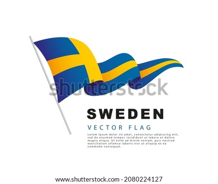 The flag of Sweden hangs from a flagpole and flutters in the wind. Vector illustration isolated on white background. Swedish flag colorful logo.