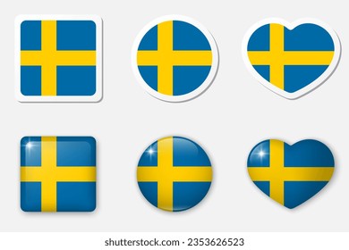 Flag of Sweden icons collection. Flat stickers and 3d realistic glass vector elements on white background with shadow underneath.