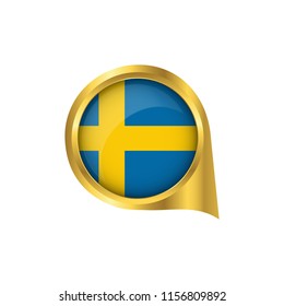 Flag of Sweden, location map pin, pointer flag Sweden, button gold, Icon country . Vector Illustration EPS10.