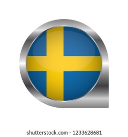 Flag of Sweden, location map pin, pointer flag, button with the reflection of light and shadow, silver frame, Icon country. Realistic vector illustration on white background.