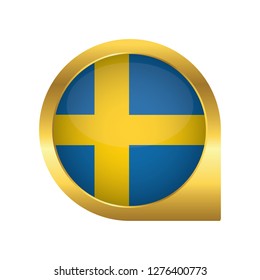 Flag of Sweden, location map pin, pointer flag, button with the reflection of light and shadow, gold frame, Icon country. Realistic vector illustration on white background.