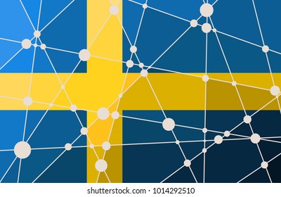 Flag of the Sweden. Low poly concept triangular style. Molecule and communication background. Connected lines with dots. Gradient painting