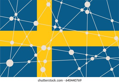 Flag of the Sweden. Low poly concept triangular style. Molecule And Communication Background. Connected lines with dots.