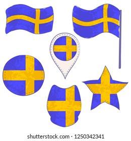 Flag of Sweden Made in Different Variations, as Flag with and without Stick, in a Circle, as Shield, Star and Map Pointer. Flag Shapes with Contours, Decorated with Dotted Stitch and Brush Texture.