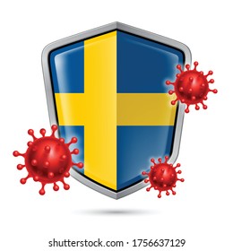 Flag of Sweden on Metal Shiny Shield Icon and Red Corona Virus Cells. Concept of Health Care and Safety Badge. Security Safeguard Metal Label with Swedish flag