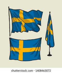 Flag of Sweden on the wind and on the wall - vector drawing illustration set