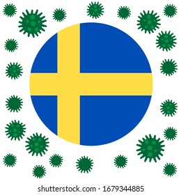 Flag of Sweden with outbreak deadly coronavirus covid-19. Banner with the spread of Coronavirus 2019-nCoV virus strain. A large coronavirus bacteriums against background of the national flag Sweden.