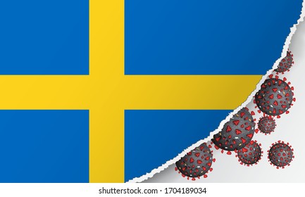 Flag of Sweden with outbreak deadly coronavirus covid-19. Banner with the spread of Coronavirus 2019-nCoV. A large bacteriums against background of the national flag. Concept of coronavirus quarantine