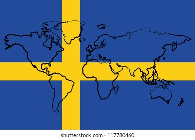 The flag of Sweden with the outline of the world