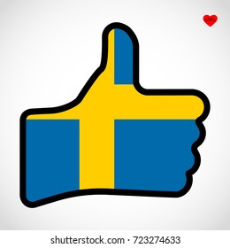 Flag of Sweden in the shape of Hand with thumb up, gesture of approval, meaning Like, vector finger sign, flat design illustration.