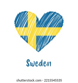 Flag of Sweden in shape of heart. Line drawing heart with Sweden flag.