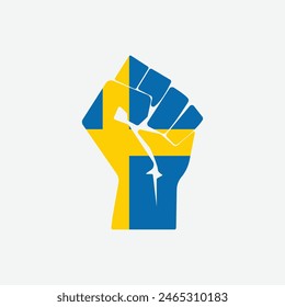 Flag of Sweden in the shape of raised hand sign isolated on background. Fist symbol modern, simple, vector, icon for website design, mobile app, ui. Vector Illustration