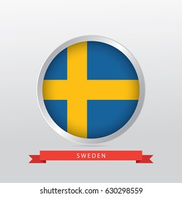 Flag of Sweden in shiny circle with red ribbon on gradient gray background.