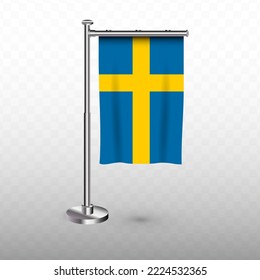 Bandera de Suecia. Ilustración vectorial de una bandera vertical colgante con mástil en un fondo transparente (PNG).