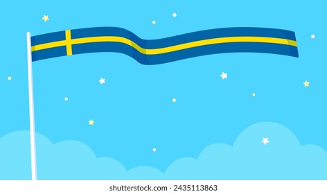 Flag of Sweden waving in the sky. Simple cartoon Swedish flag and stars on blue background, banner template. Vector illustration.