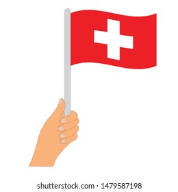 Flag of Swiss . Hand holding a Switzerland flag - vector icon.