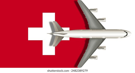 Flag of Switzerland with an airplane flying over it close up. Vector image.