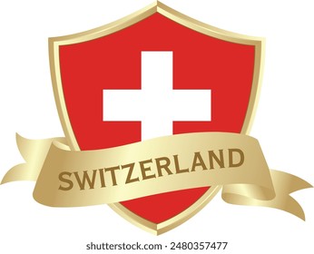 Flag of switzerland as around the metal gold shield with switzerland flag