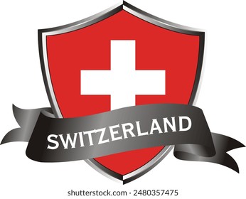 Flag of switzerland as around the metal silver shield with switzerland flag