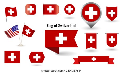 Die Flagge der Schweiz. Große Anzahl von Symbolen und Symbolen. Platz und rund um die Flagge der Schweiz. Sammlung verschiedener Flaggen von horizontal und vertikal. Vektorgrafik.