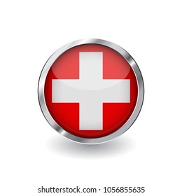 Flag of switzerland, button with metal frame and shadow. switzerland flag vector icon, badge with glossy effect and metallic border. Realistic vector illustration on white background.